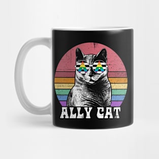 Ally Cat LGBT Rainbow Pride with Cool cat face wearing sunglasses Mug